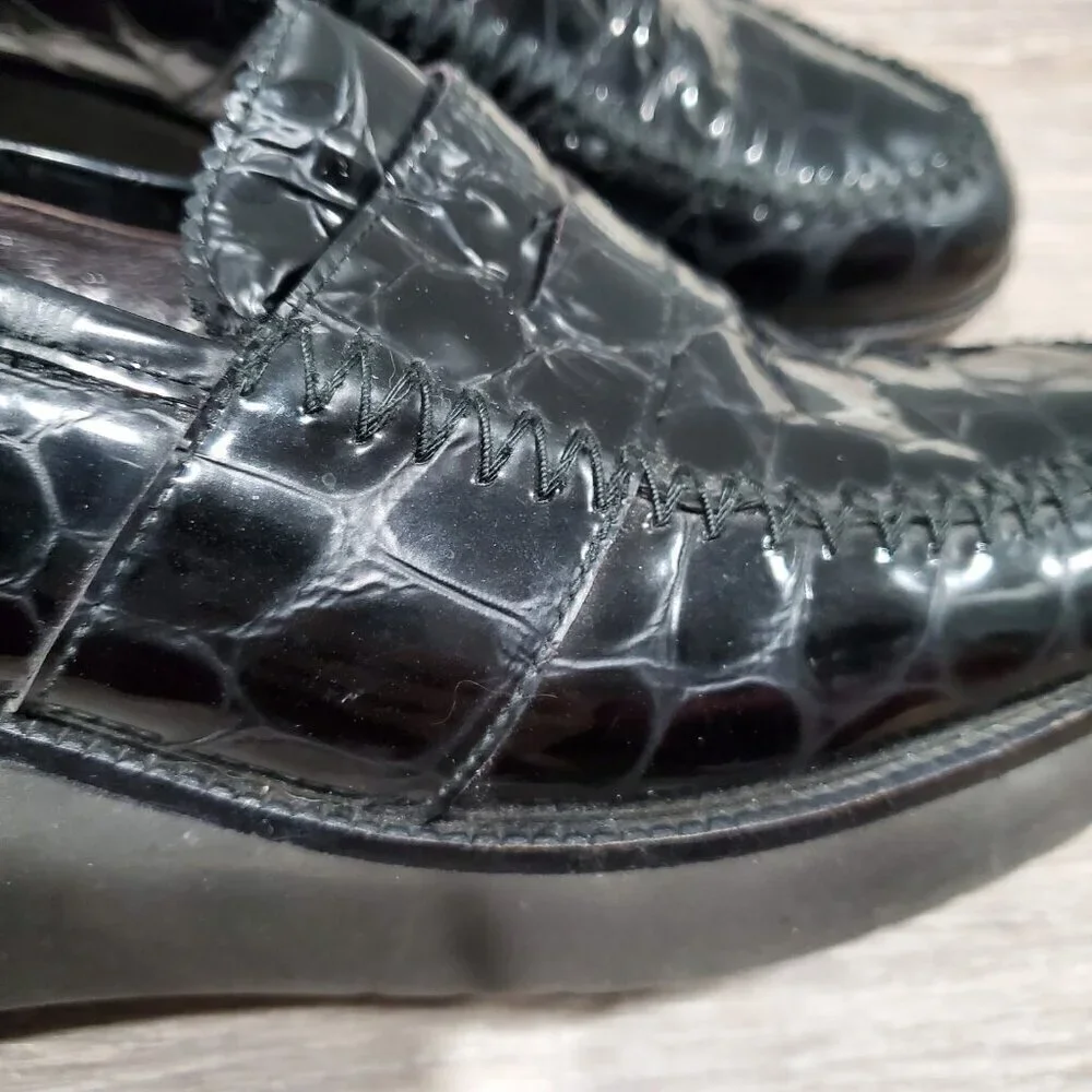 Donald J Pliner Nia2 Black Patent Leather Crocodile Print Wedge Loafer Shoe 8.5M